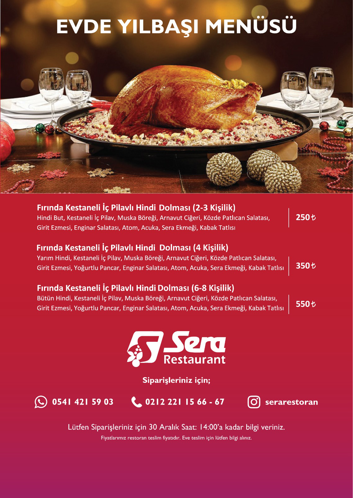 Sera Restaurant Evde Yılbaşı Menüsü